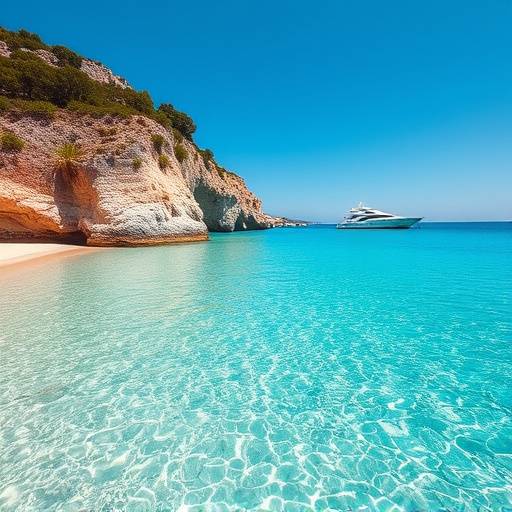 Aguas cristalinas y arena blanca de una playa en Mallorca, con yates lujosos anclados en la bah&iacute;a.