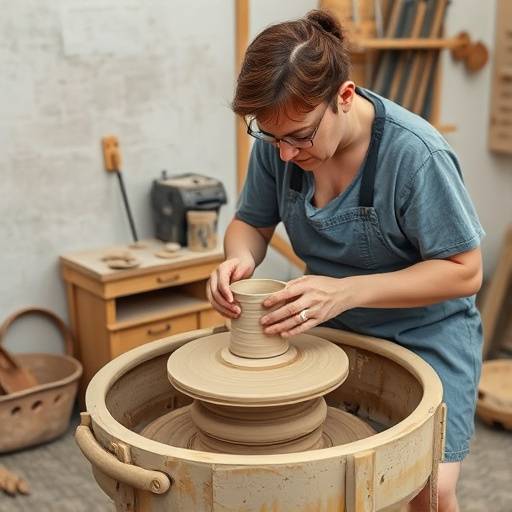 Ceramista trabajando en un torno de alfarer&iacute;a, creando una pieza de cer&aacute;mica.