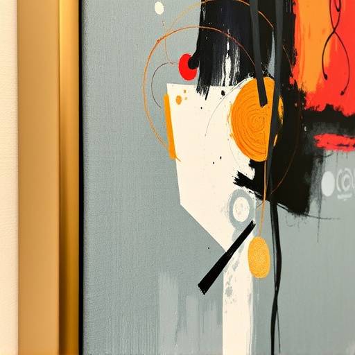 Detalle de una pintura abstracta contempor&aacute;nea en una galer&iacute;a de arte de Madrid con marcos dorados