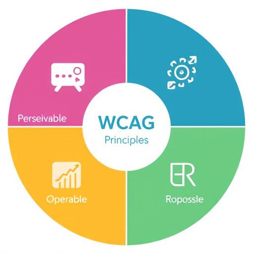 Diagrama conceptual ilustrando los cuatro principios de las WCAG: Perceptible, Operable, Comprensible, Robusto, con iconos representativos para cada principio.