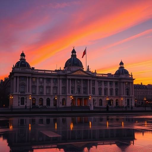 El Palacio Real de Madrid al atardecer, con su imponente estructura y las luces de la ciudad reflej&aacute;ndose en el cielo.