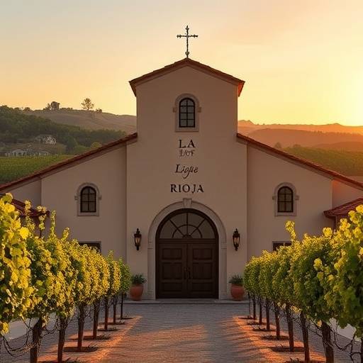 Fachada elegante de una bodega en La Rioja con vi&ntilde;edos al fondo