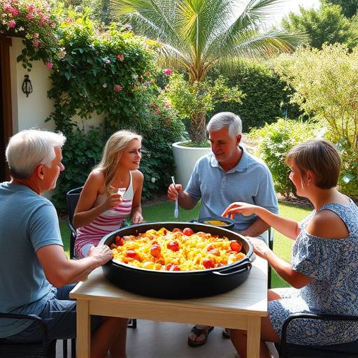 Familia disfrutando de una paella al aire libre en un jard&iacute;n soleado