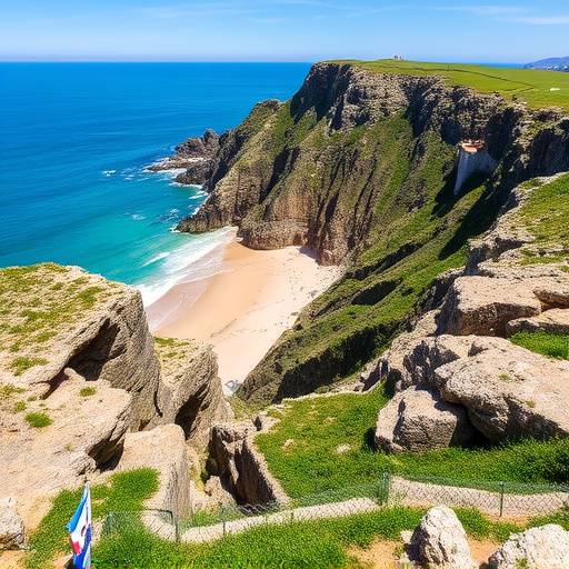 Paisaje costero escarpado en San Sebasti&aacute;n, Pa&iacute;s Vasco, con la playa de La Concha y el monte Urgull al fondo.