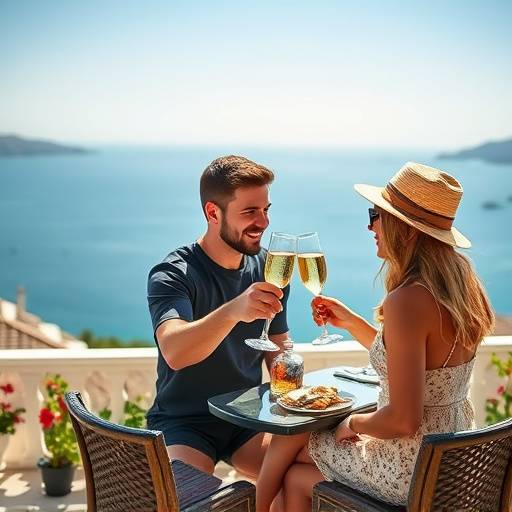 Pareja brindando con copas de cava en una terraza soleada con vistas al mar Mediterr&aacute;neo