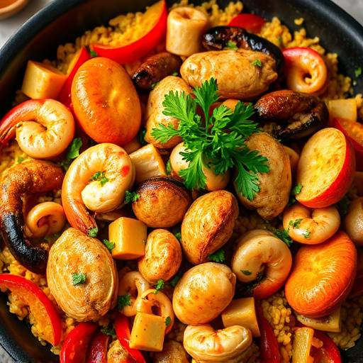 Plato de paella mixta con mariscos y pollo, decorado con perejil fresco