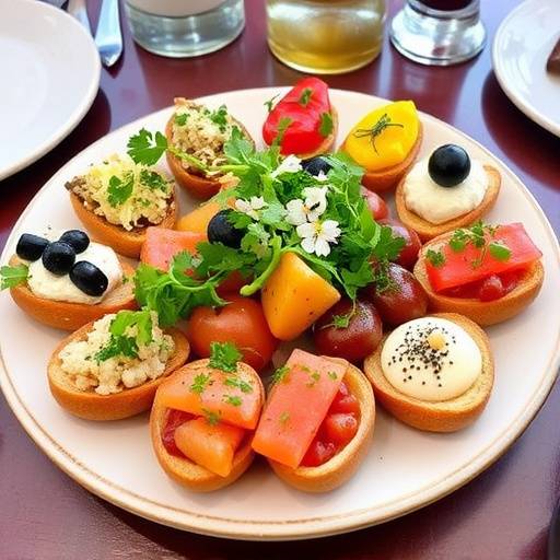 Plato de pintxos variados y coloridos en el restaurante La Taberna Escondida.