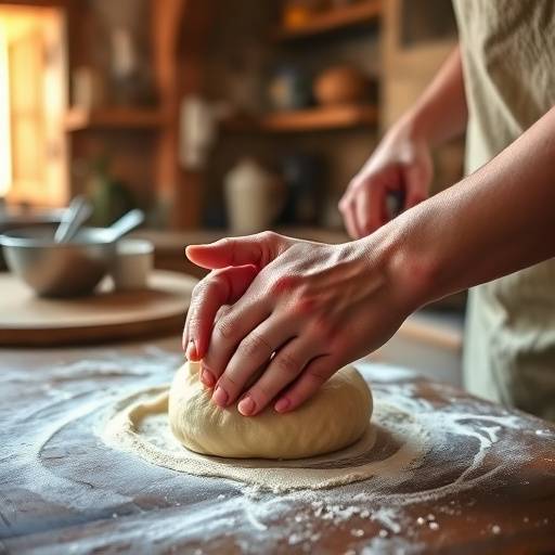 Primer plano de manos amasando masa para pan en una cocina r&uuml;stica espa&ntilde;ola.