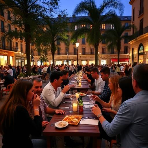 Un grupo de personas disfrutando de tapas y vino en una plaza animada de Madrid