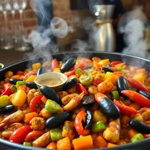 Un plato humeante de Paella Valenciana con mariscos y verduras.