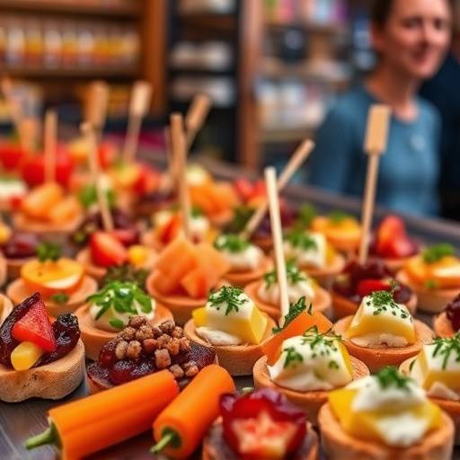 Variedad de pintxos coloridos sobre una barra de bar.